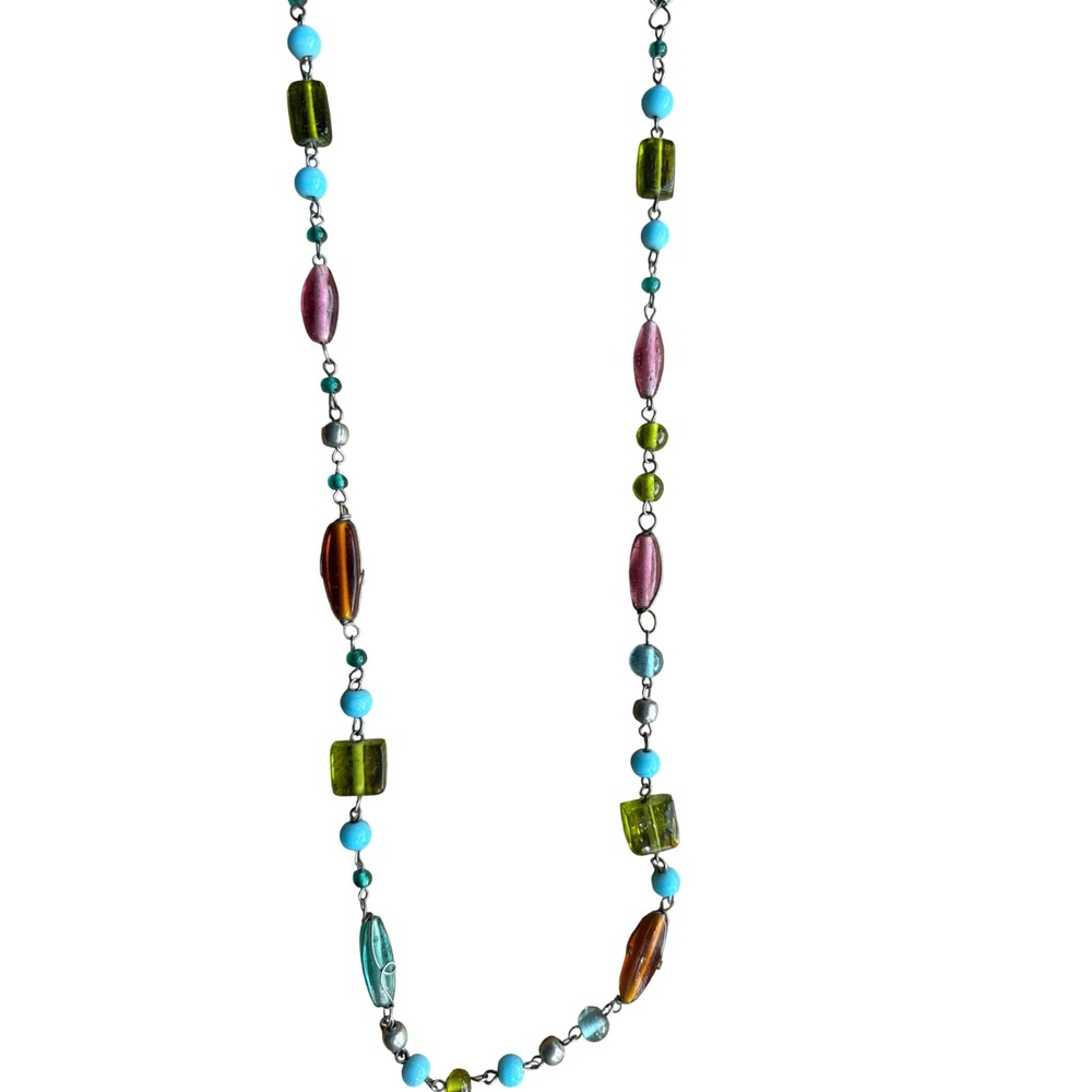 Boho Multi Color Glass Bead Long Strand Layering Necklace Silver Tone Eclectic